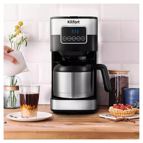 Кофеварка капельная KITFORT КТ-752, 900 Вт, объем 1,25 л, дисплей, черный/стальной