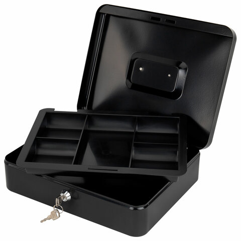 Ящик для денег, ценностей, документов, печатей, 90х240х300 мм, ключевой замок, черный, BRAUBERG, 291348