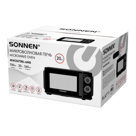 Микроволновая печь SONNEN MW2070BL-6MB, 20 л, 700 Вт, таймер, механическое управление, ручка, черная, 454983