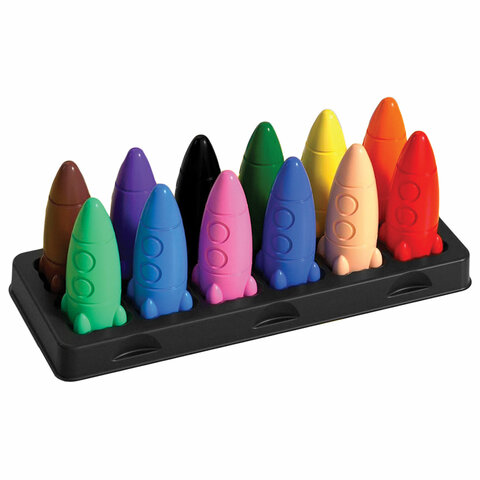 Восковые мелки фигурные BRAUBERG KIDS "РАКЕТА", НАБОР 12 цветов + НАКЛЕЙКИ В ПОДАРОК!, 273082