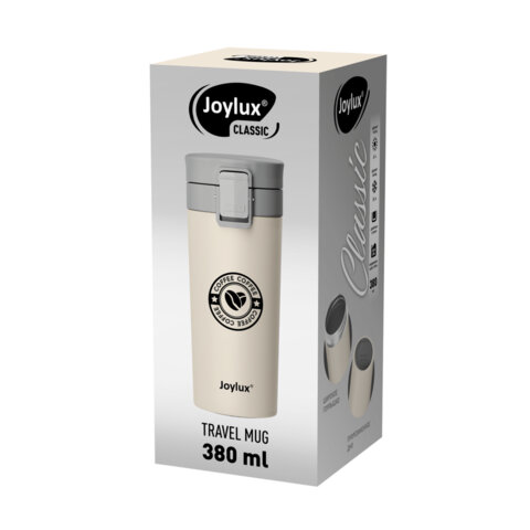Термокружка 380 мл JOYLUX (ДЖОЙЛЮКС) CLASSIC COFFEE, нержавеющая сталь SUS304, бежевый с принтом, 700273