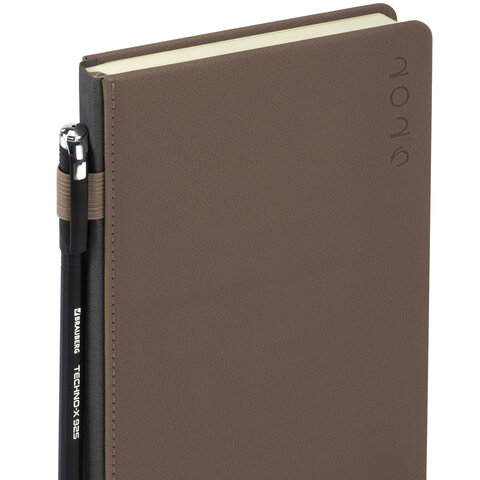 Ежедневник датированный 2026, А5, 138х213 мм, BRAUBERG "Essential", под кожу, держатель, серый, 117397