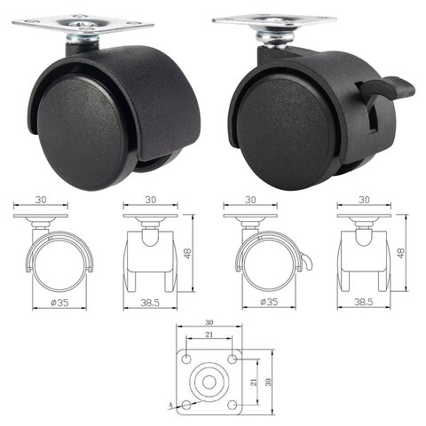 Колеса (ролики) для мебели, пластиковые d 35 мм, КОМПЛЕКТ 4 шт., черные, в пакете, WBZ, 533090