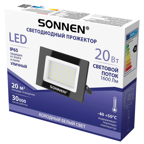 Прожектор светодиодный 20 Вт, 6500 К, 1600 Лм, IP65, 122x84x26 мм, черный, SONNEN, 238412