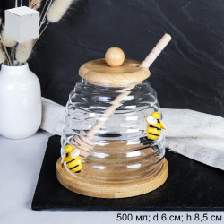 Банка для меда с ложкой на подставке бамбуковая крышка 500 мл Пчелка / 9664 /уп 100/*