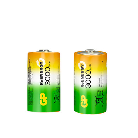Батарейки аккумуляторные GP ReEnergy Ni-Mh КОМПЛЕКТ 2 шт., D (HR20), 3000 mAh, 300DHCRGY-2CRCB2