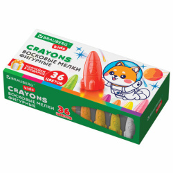 Восковые мелки фигурные BRAUBERG KIDS "РАКЕТА", НАБОР 36 цветов + НАКЛЕЙКИ В ПОДАРОК!, 273084