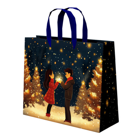 Пакет подарочный (1 шт.) новогодний, 26х13х32 см, "Love story", фольга, ассорти, ЗОЛОТАЯ СКАЗКА, 592445