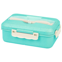 Ланч-бокс контейнер, 1 секция, 3 отделения, 1,4 л, ложка, вилка, 8х21х14 см, мятный, JOYLUX ECO, 609344