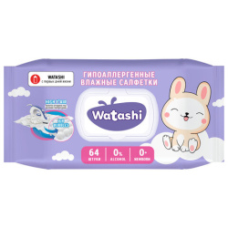 Салфетки влажные 64 шт., для детей 0+, WATASHI, без спирта, крышка-клапан, 12587