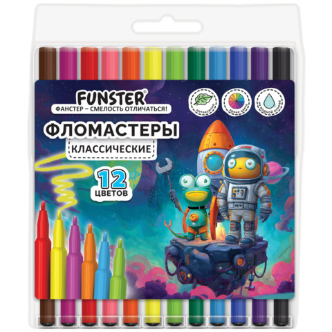 Фломастеры ПВХ пенал "АССОРТИ 6 ДИЗАЙНОВ", 12 цветов, КЛАССИЧЕСКИЕ, FUNSTER (Фанстер), 152685