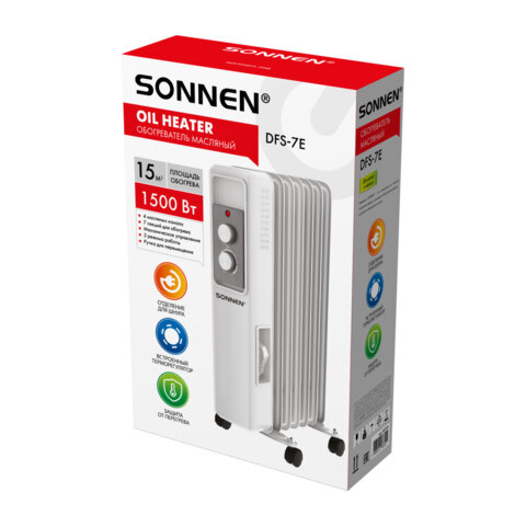 Обогреватель масляный SONNEN DFS-7E, 7 секций, 1500 Вт, 3 режима, механическое управление, белый, 457779