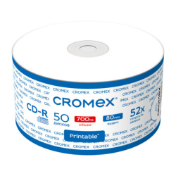 Диск CD-R CROMEX (КРОМЕКС), 700 Mb, 52x, с возможностью печати на диске, Bulk (термоусадка без шпиля), КОМПЛЕКТ 50 шт., 514304