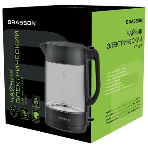 Чайник BRASSON (БРАССОН) KT-727, 1,7 л, 2200 Вт, стекло, графит, подсветка, 455190
