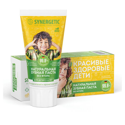 Зубная паста детская 50 г SYNERGETIC, клубничка и банан, от 3 до 6 лет (желтая), 201009