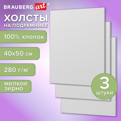 Холсты на подрамнике, набор 3 штуки, BRAUBERG ART BASIC, 40х50 см, 280 г/м2, хлопок, грунт, 192678