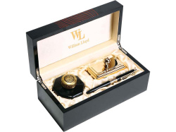 Набор: ручка перьевая, чернильница, блоттер, Цвет черный/золотистый