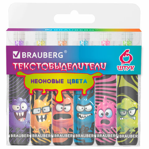 Набор текстовыделителей 6 НЕОНОВЫХ ЦВЕТОВ, кросс-серия МОНСТРИКИ, линия 1-5 мм, BRAUBERG, 152621