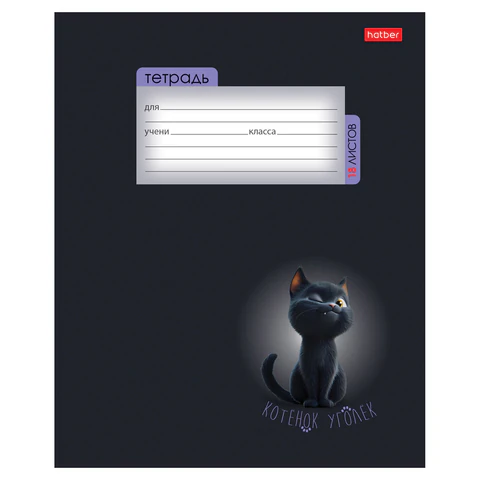 Тетрадь 18 л., HATBER клетка, обложка картон, "Котенок уголек" (микс в спайке), 091435, 18Т5В1