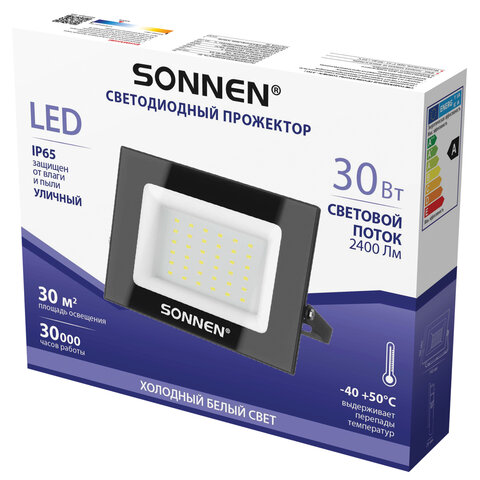 Прожектор светодиодный 30 Вт, 6500 К, 2400 Лм, IP65, 146x98x26 мм, черный, SONNEN, 238413