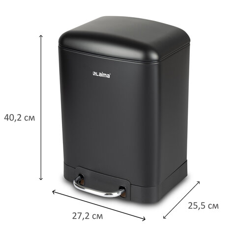 Ведро мусорное с педалью 12л, крышка с доводчиком, черное матовое, металл, LAIMA ULTRA, 701565