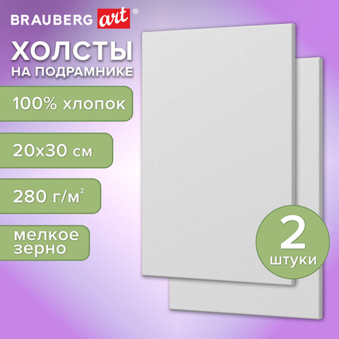 Холсты на подрамнике, набор 2 штуки, BRAUBERG ART BASIC, 20х30 см, 280 г/м2, хлопок, грунт, 192671