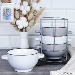 Супница с ручками 4 штуки на подставке / 33579 /уп 6/ Бело-серый в крапинку