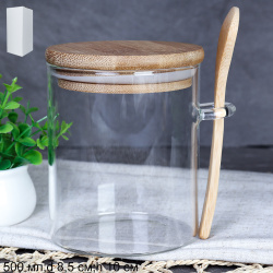 Банка круглая с ложкой бамбуковая крышка 500 мл 8,5х10 см / LCKW2904 /уп 120/*