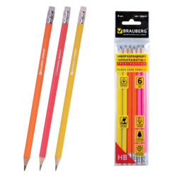 Карандаши чернографитные BRAUBERG НАБОР 6 шт., НВ, трехгранные, с резинкой, корпус ассорти, заточенные, 180630