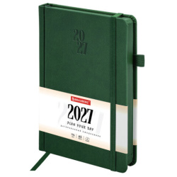 Ежедневник датированный 2027, А5, 138х213 мм, BRAUBERG "Plain", под кожу, резинка, держатель для ручки, темно-зеленый, 118038