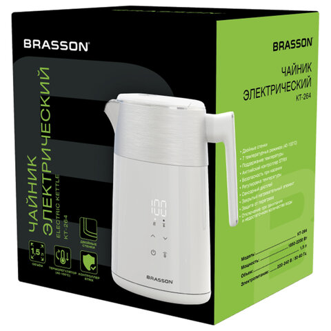 Чайник с двойными стенками, терморегулятором и дисплеем BRASSON (БРАССОН) KT-264, 1,5 л, 2200 Вт, 7 температурных режимов, белый, 455193
