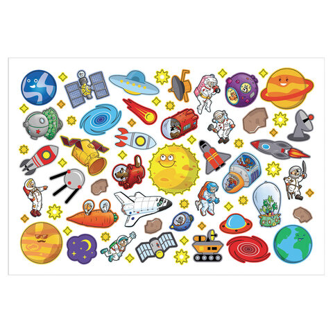 Наклейки бумажные с игровым полем НАБОР, 2 листа, 184 наклеек, "Космическое приключение", HATBER, 2Н5н
