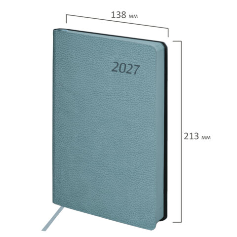 Ежедневник датированный 2027, А5, 138x213 мм, BRAUBERG "Stylish", под кожу, гибкий, серо-голубой, 117975