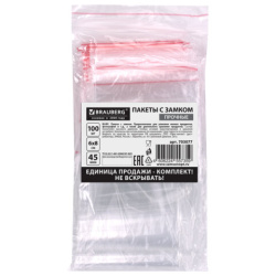 Пакеты ZIP LOCK "зиплок" ПРОЧНЫЕ, комплект 100 шт., 60х80 мм, ПВД, 45 мкм., BRAUBERG, 703077
