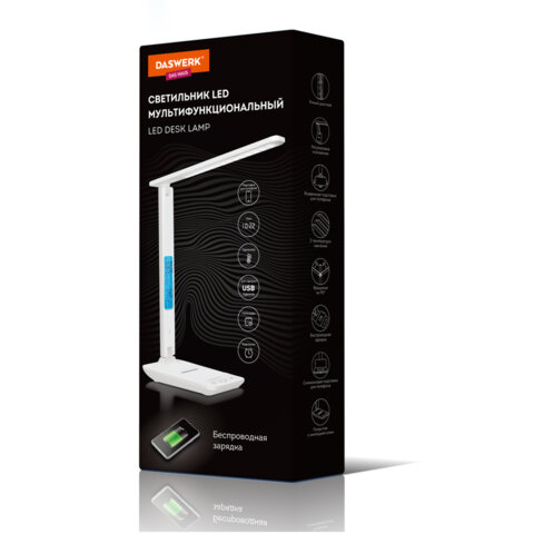 Настольная лампа / светильник с дисплеем и беспроводной зарядкой "7 в 1", LED, 10 Вт, белый, DASWERK, 238325