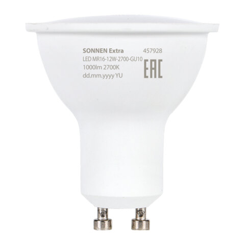 Лампа светодиодная SONNEN EXTRA, 12 (110) Вт, GU10, софит, теплый белый, 30000 ч, LED MR16-GU10-12W-2700, 457928
