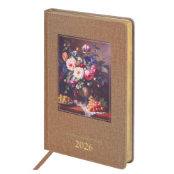 Ежедневник датированный 2026 А5 138х213 мм, BRAUBERG "ArtGallery", под кожу, нашивка, бежевый, 117404