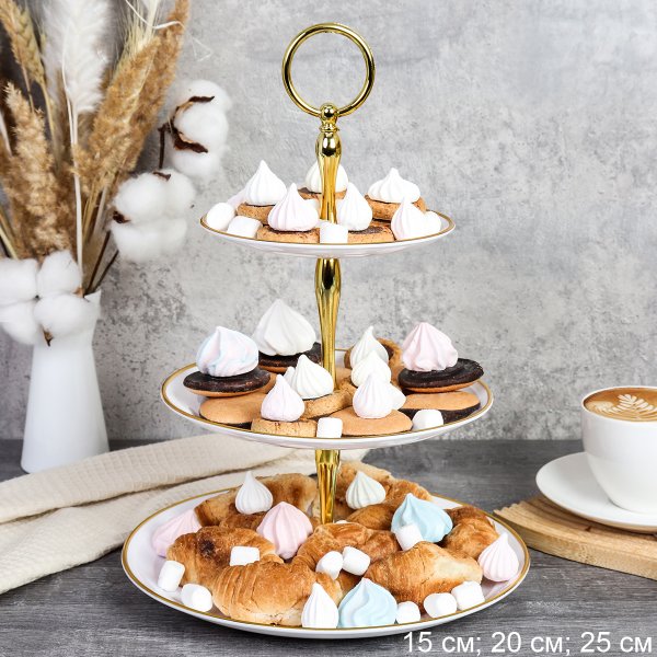 Ваза для капкейков 3-х ярусная 15/20/25 Круг белая золотой обод / D-1245 /уп 65/ Пластик/739575