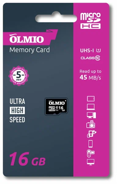Карта памяти microSDHC 16GB Class 10 UHS-I, без адаптера, OLMIO