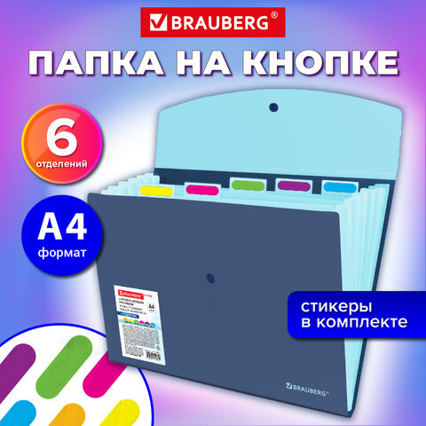 Папка-органайзер конверт на кнопке 6 отделений, BRAUBERG "Extra", A4, синяя с голубым, 274103