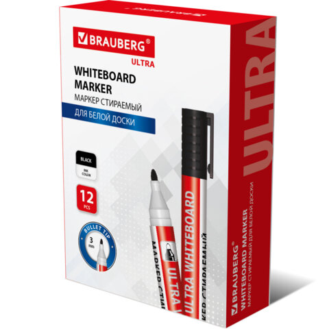 Маркер стираемый для белой доски ЧЕРНЫЙ, BRAUBERG "ULTRA WHITEBOARD MARKER", 3 мм, с клипом, 152634