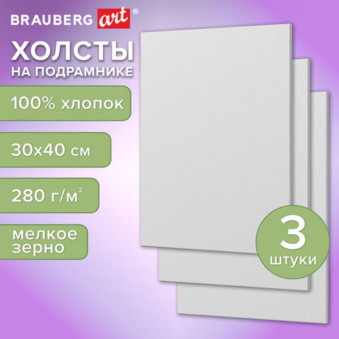 Холсты на подрамнике, набор 3 штуки, BRAUBERG ART BASIC, 30х40 см, 280 г/м2, хлопок, грунт, 192677