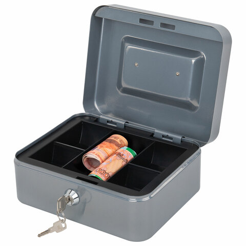 Ящик для денег, ценностей, документов, печатей, 90х160х200 мм, ключевой замок, серебристый, BRAUBERG, 291352