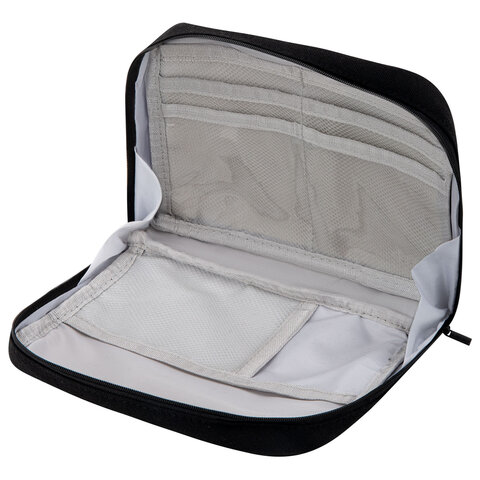 Пенал-органайзер BRAUBERG, 1 отделение, С НАКЛЕЙКАМИ, молния вокруг, канвас, 22x15х6 см, черный, 273596