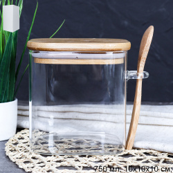 Банка квадратная с ложкой бамбуковая крышка 750 мл 10x10x10 см / LCKW2917 /уп 80/*
