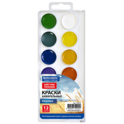 Краски акварельные для школ и худож. училищ BRAUBERG "ART ПЕЙЗАЖ", медовые, 12 цветов, круглые кюветы, пластик. пенал с европодвесом, 192814