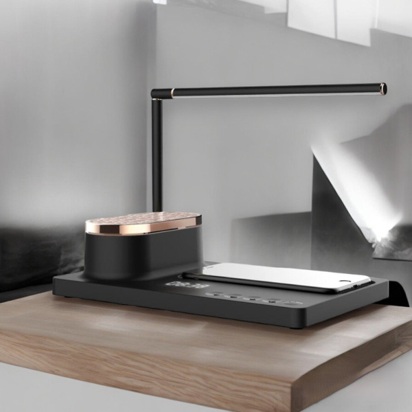 Интерьерная лампа c колонкой, беспроводной зарядкой и дисплеем Volando, с нанесением логотипа