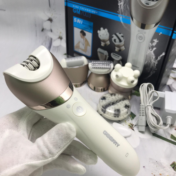 (Premium) Эпилятор 5 в 1 Gemei GM-7003 (насадки для пилинга, массажа, триммер для бикини, бритва, пемза)