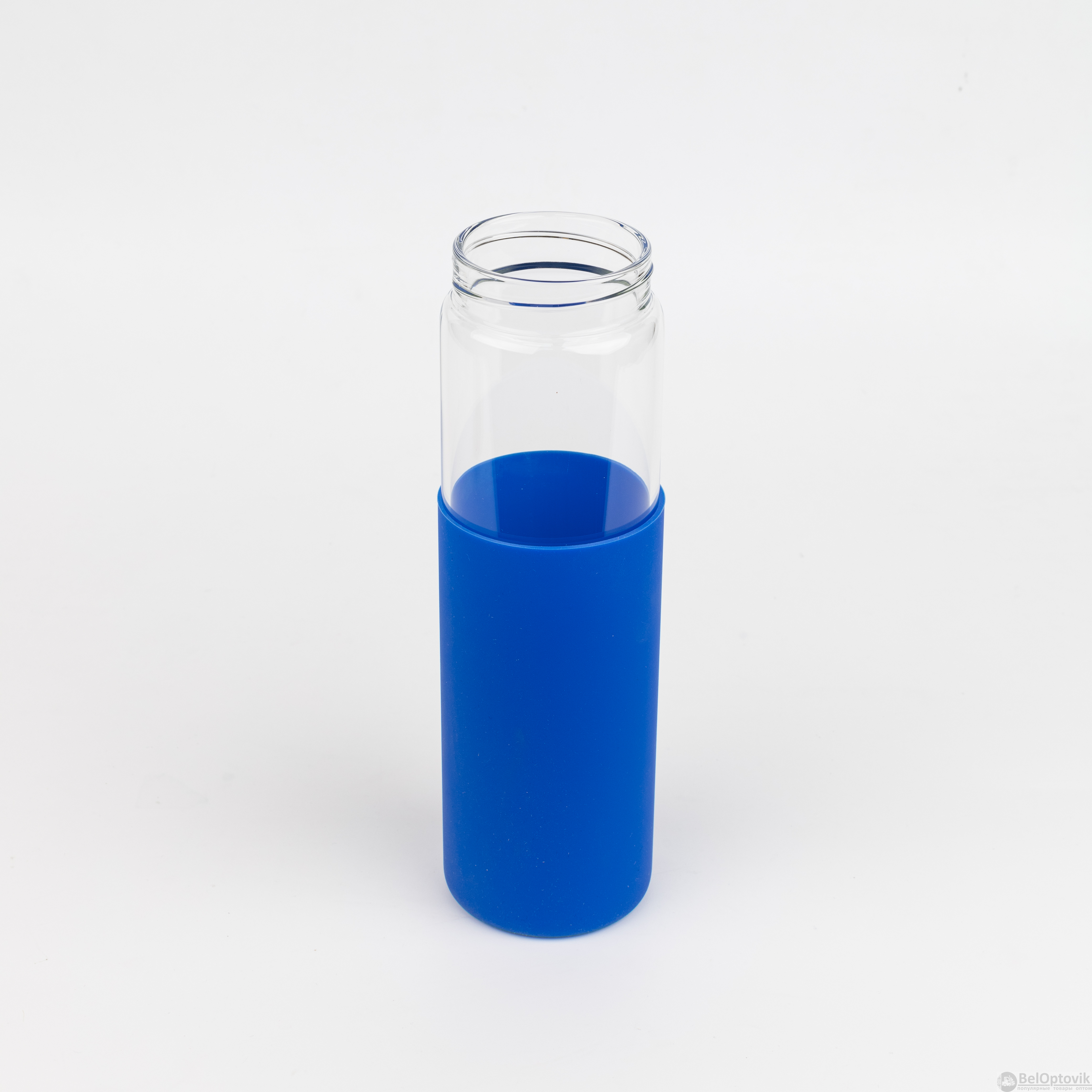 Бутылка стеклянная с силиконовой манжетой и бамбуковой крышкой  Glass, синяя