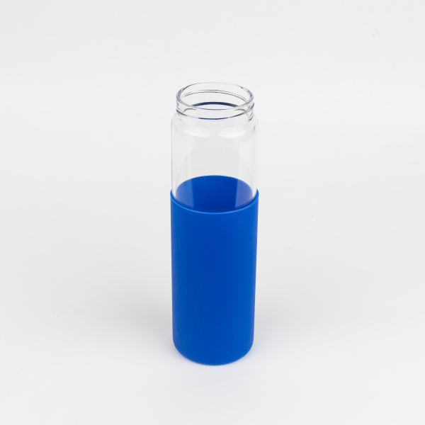 Бутылка стеклянная с силиконовой манжетой и бамбуковой крышкой  Glass, синяя